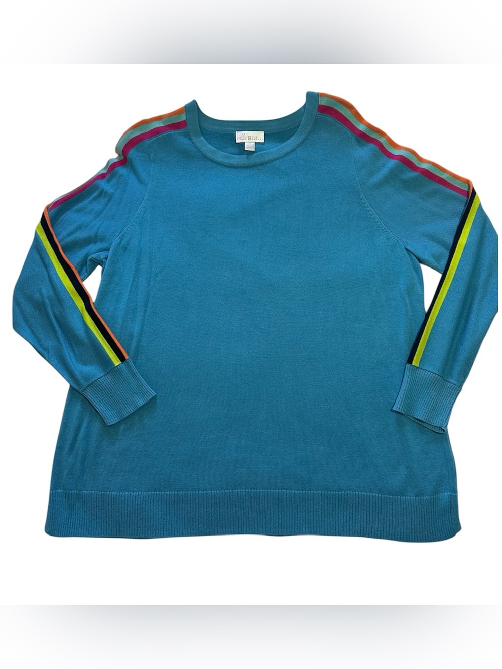 Women's Belle by Kim Gravel Blue Crewneck Sweater with Striped Sleeves size 1X